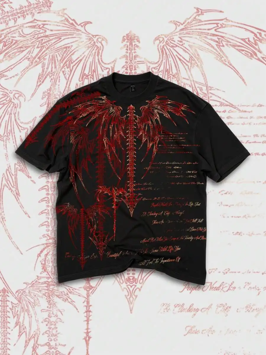 Men's Gothic Style Black T-Shirt with Red Winged Spine Graphic Print, Short Sleeve, Casual Summer Wear
Men's Gothic Style Black T-Shirt with Red Winged Spine Graphic Print, Short Sleeve, Casual Summer Wear