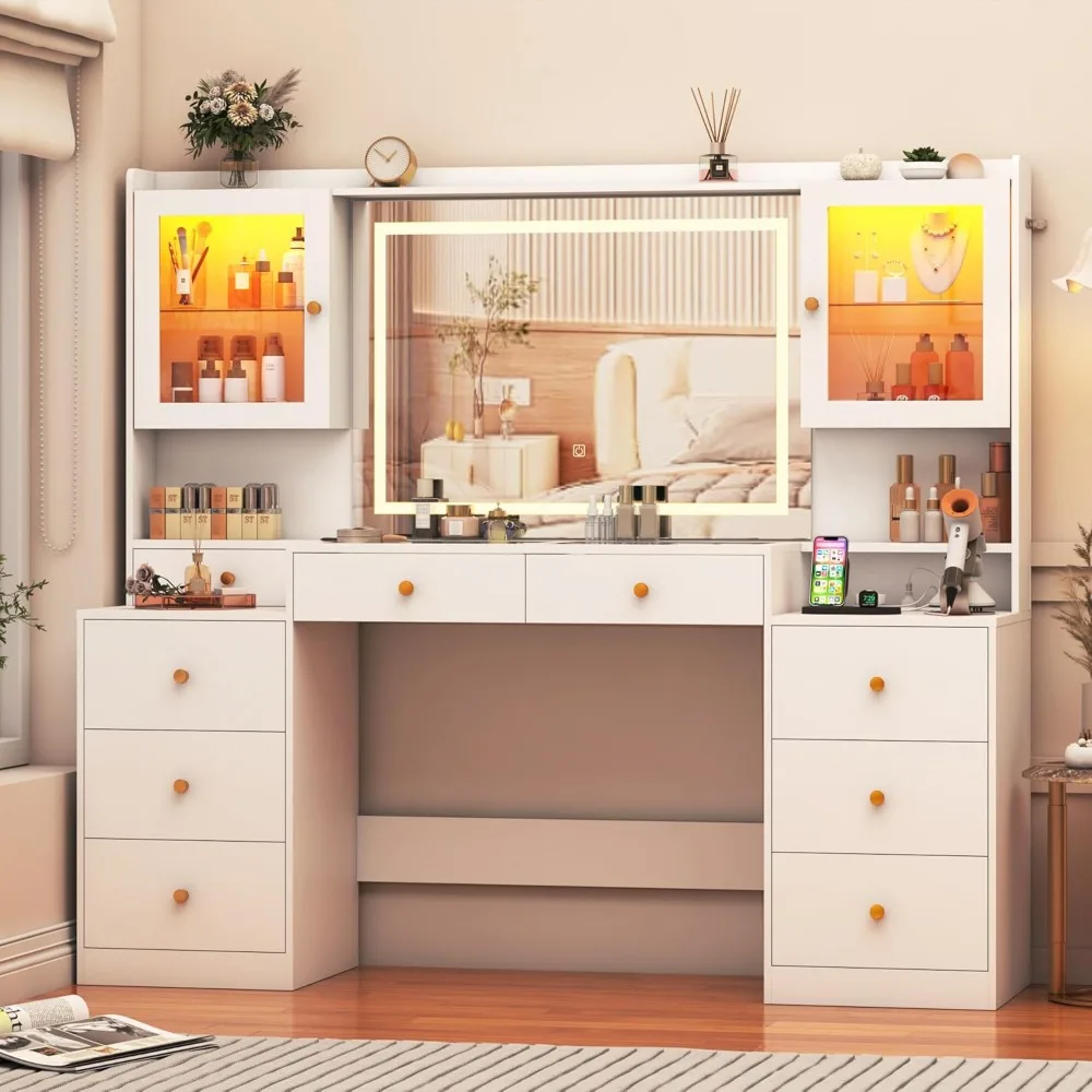 62" Large White Vanity Desk w/ Tempered Glass Top,60000-color LED Lights,Power Outlet, Make up Vanity w/ 3 Lights Mode LED Mirro
62" Large White Vanity Desk w/ Tempered Glass Top,60000-color LED Lights,Power Outlet, Make up Vanity w/ 3 Lights Mode LED Mirro