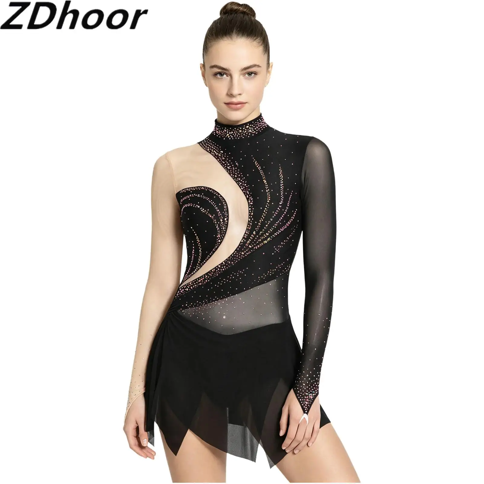 Women Figure Skating Rhinestones Bodysuit Dress Sheer Mesh Long Sleeve Mock Neck Irregular Hem Dress for Gymnastics Latin Dance
Women Figure Skating Rhinestones Bodysuit Dress Sheer Mesh Long Sleeve Mock Neck Irregular Hem Dress for Gymnastics Latin Dance