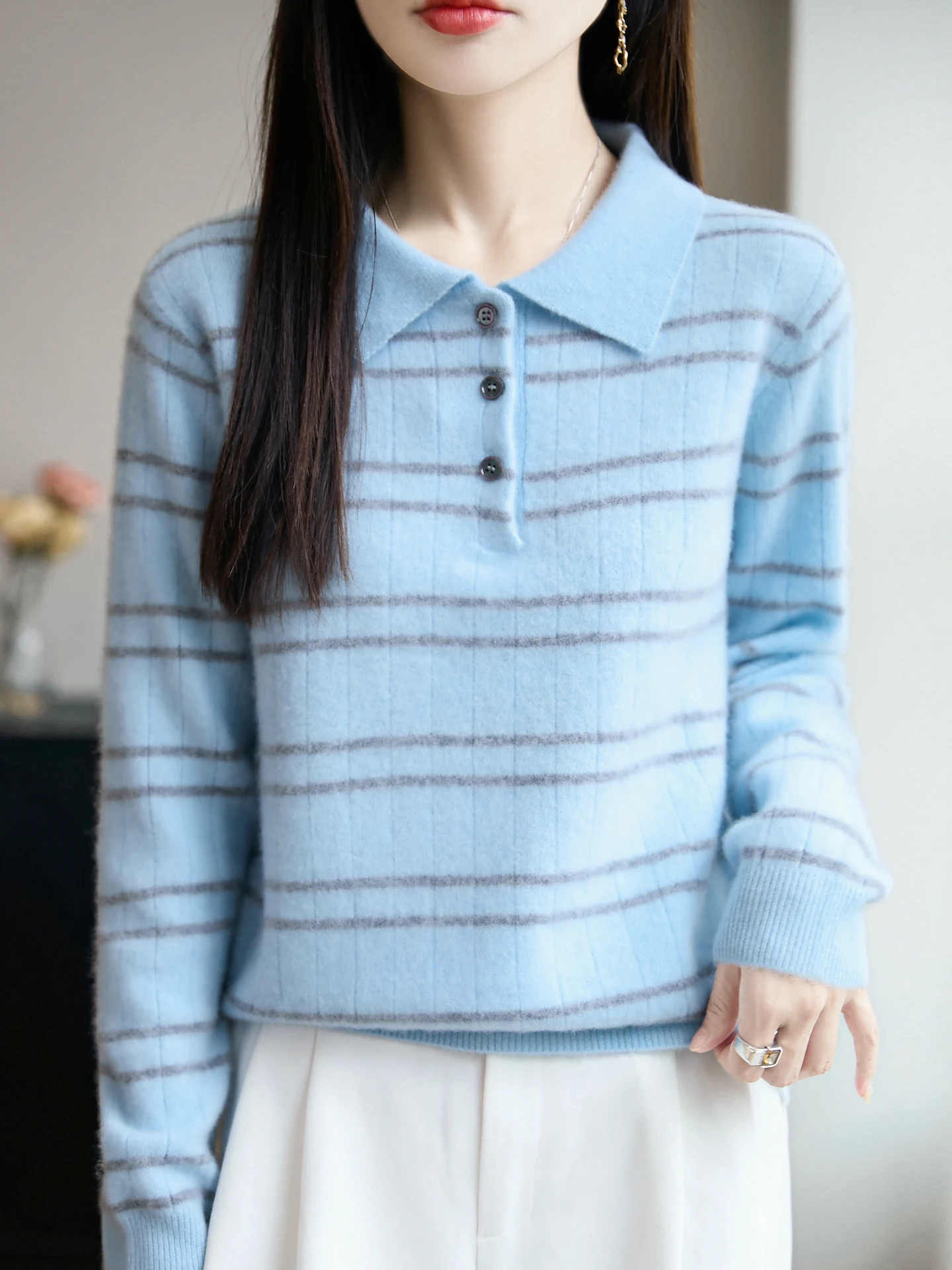TLOML Women 100% Merino Wool Knit Turn Down Collar Striped Half Button Pullover Autumn Winter Casual Cashmere Sweater Soft Tops
TLOML Women 100% Merino Wool Knit Turn Down Collar Striped Half Button Pullover Autumn Winter Casual Cashmere Sweater Soft Tops