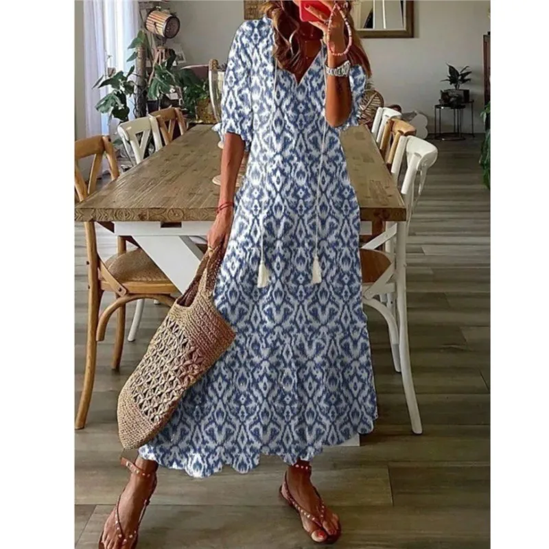 Summer Bohemian Long Dress For Women Vintage Floral Print V Neck Half Sleeve Dresses Female Casual Drawstring Loose Beach Dress
Summer Bohemian Long Dress For Women Vintage Floral Print V Neck Half Sleeve Dresses Female Casual Drawstring Loose Beach Dress