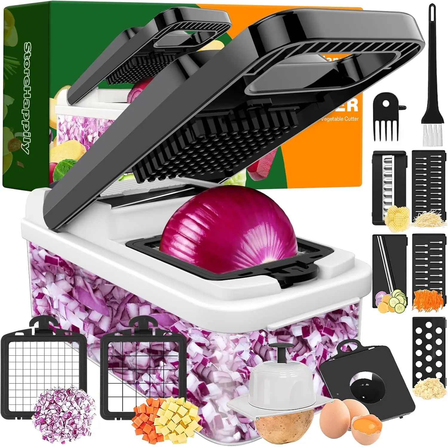 12-in-1 Vegetable Chopper with 7 Blades, Dicer, Slicer, Multifunctional Kitchen Gadget, Onion Cutter (Black/White)
12-in-1 Vegetable Chopper with 7 Blades, Dicer, Slicer, Multifunctional Kitchen Gadget, Onion Cutter (Black/White)