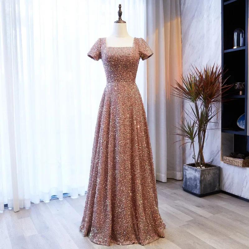 Customized Evening Dress Pink Sequins Sequare Collar Short Sleeves A-Line Floor-Length Zipper Back Plus size Woman Party Formal
Customized Evening Dress Pink Sequins Sequare Collar Short Sleeves A-Line Floor-Length Zipper Back Plus size Woman Party Formal