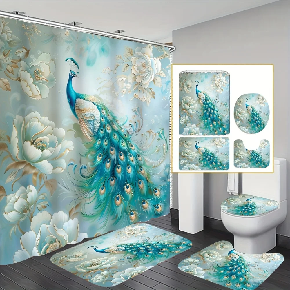 Elegant peacock print shower curtain, including shower curtain, non-slip mat, toilet lid, bathroom decoration
Elegant peacock print shower curtain, including shower curtain, non-slip mat, toilet lid, bathroom decoration
