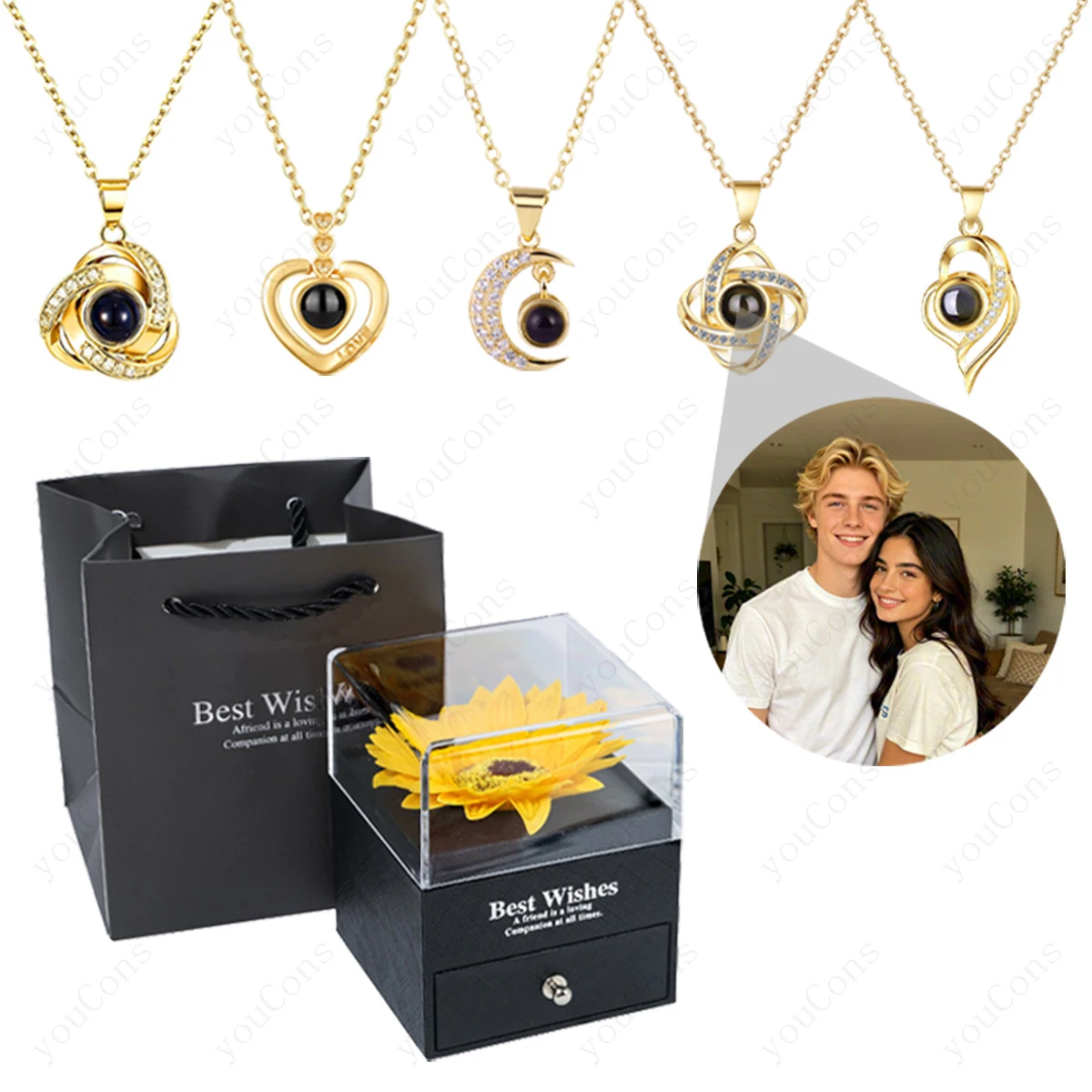 Custom Color Photo Projection Necklace With Sunflower Gift Box Valentine's Mother's Day Romantic Exquisite Gift Multiple Styles
Custom Color Photo Projection Necklace With Sunflower Gift Box Valentine's Mother's Day Romantic Exquisite Gift Multiple Styles