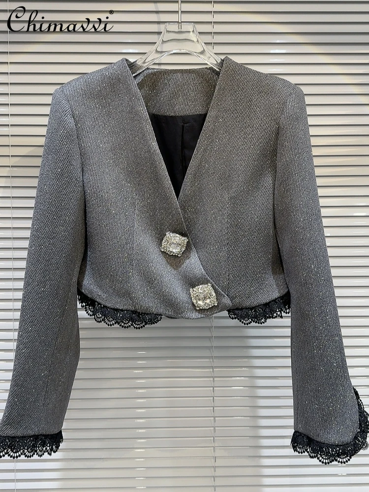 Fashion Gray Long Sleeve Women's Coats Spring and Autumn Rhinestones Buckle V-neck Lace Temperament Short Coats for Ladies
Fashion Gray Long Sleeve Women's Coats Spring and Autumn Rhinestones Buckle V-neck Lace Temperament Short Coats for Ladies