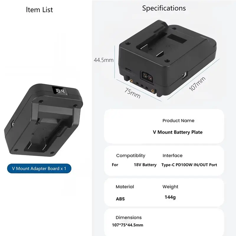 A74E-For 18V Battery Plate Converter To V Mount PD100W Fast Charging Sturdy Multi-Purpose Efficient Light System
A74E-For 18V Battery Plate Converter To V Mount PD100W Fast Charging Sturdy Multi-Purpose Efficient Light System