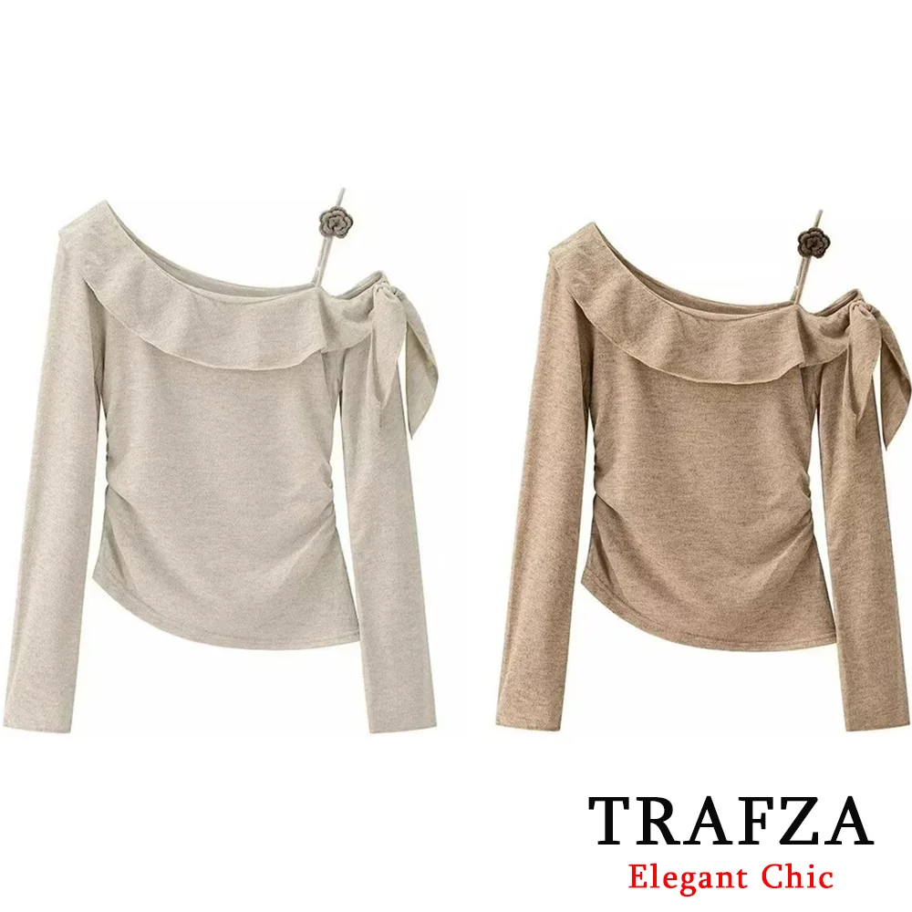 TRAFZA Women Elegant Asymmetrical Slim T-shirt Off-the-shoulder Long-sleeved Tops 2025 Spring Fall Fashion High Street Lady Tops
TRAFZA Women Elegant Asymmetrical Slim T-shirt Off-the-shoulder Long-sleeved Tops 2025 Spring Fall Fashion High Street Lady Tops