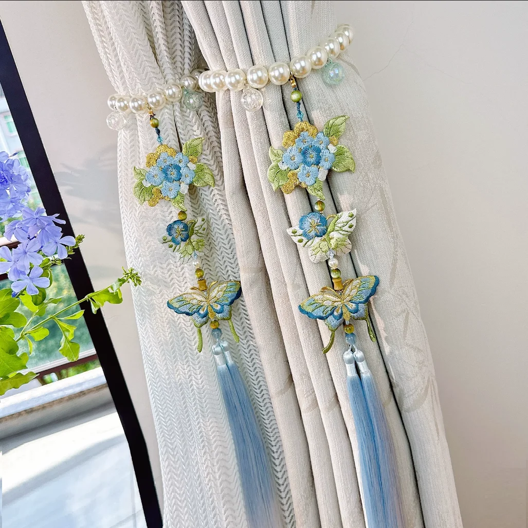 Blue Embroidered Butterfly Curtain Tie with Modern Fringe, Pearl Magnetized Curtain Tie Straps
Blue Embroidered Butterfly Curtain Tie with Modern Fringe, Pearl Magnetized Curtain Tie Straps