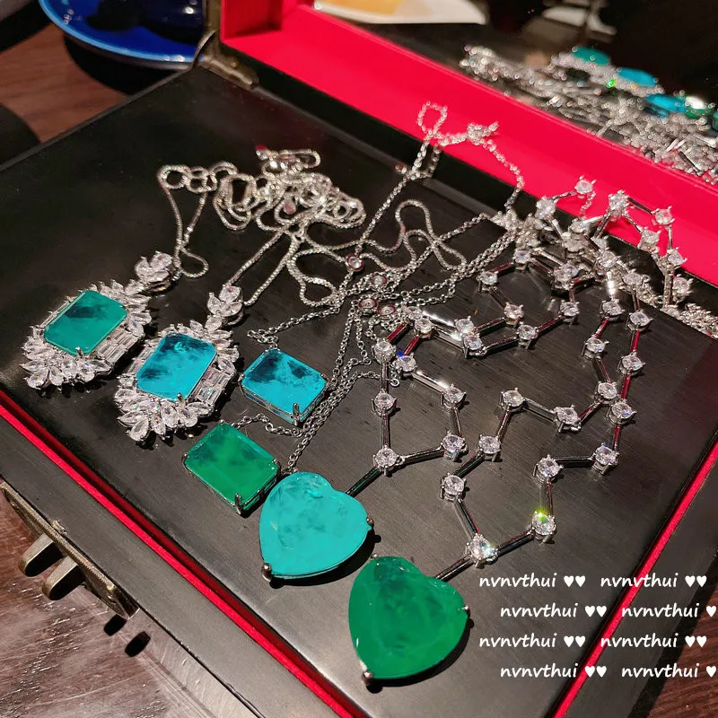 2022 Fashion Silver Color Paraiba Turmaline Necklace with Box Chain Charm Women's Sweater Necklace Chokers Jewelry 
2022 Fashion Silver Color Paraiba Turmaline Necklace with Box Chain Charm Women's Sweater Necklace Chokers Jewelry