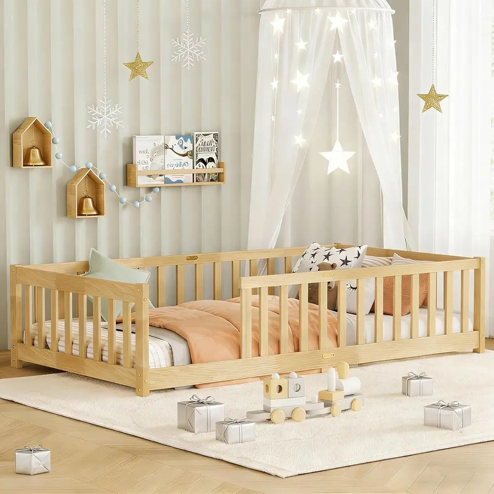 Twin Size Bed with Rails and Slats, Wooden Frame for Kids, Natural Finish, Doorless Design
Twin Size Bed with Rails and Slats, Wooden Frame for Kids, Natural Finish, Doorless Design
