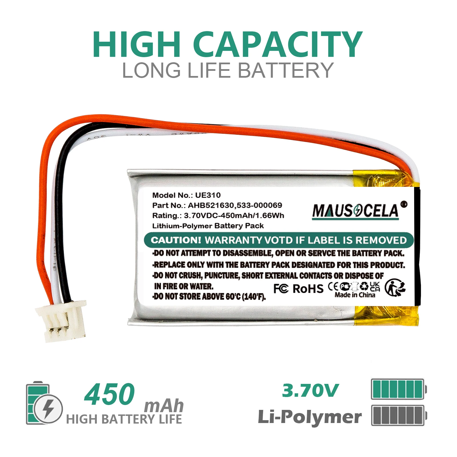 450mAh Wireless Headset Battery For Logitech:533-000069,AHB521630,UE310,UE3500,UE4500,G304,MX Vertical,Wireless Headset H600
450mAh Wireless Headset Battery For Logitech:533-000069,AHB521630,UE310,UE3500,UE4500,G304,MX Vertical,Wireless Headset H600