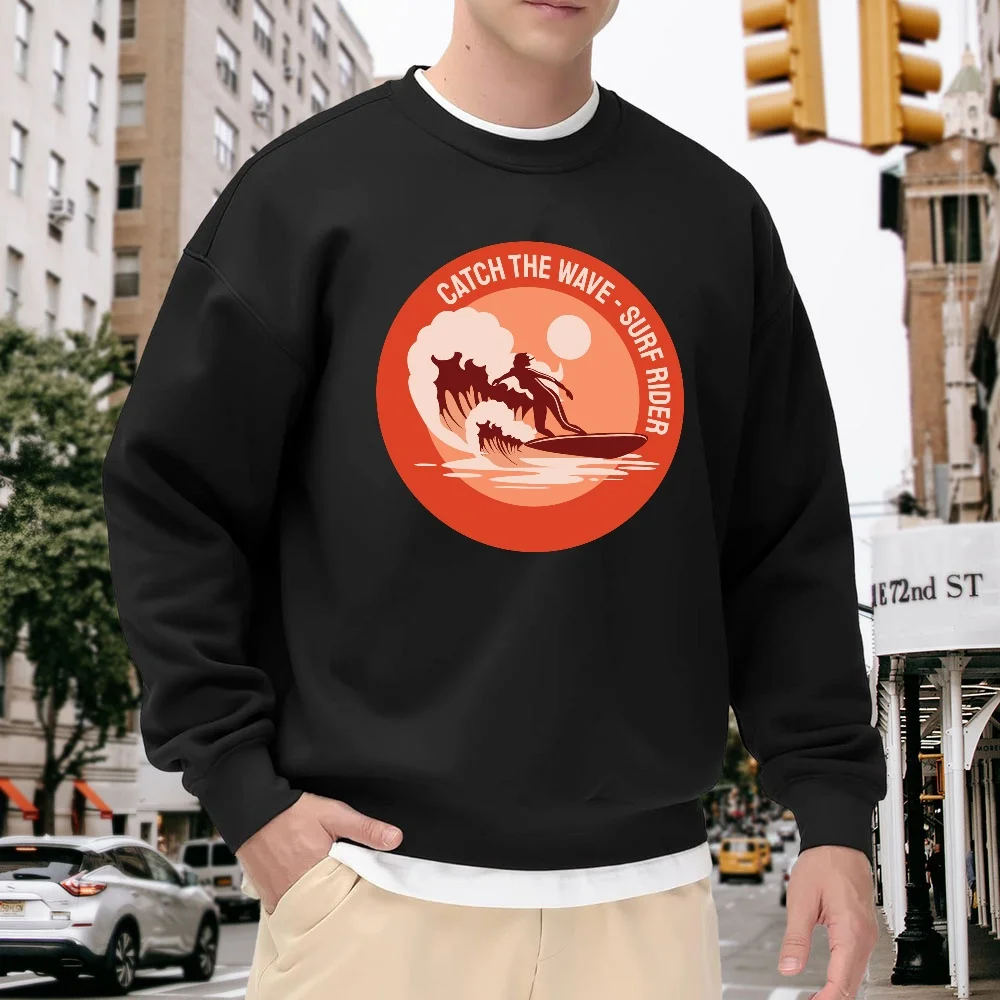 Men's Black Crew Neck Pullover Sweatshirt with Surf Pattern Print, Loose Fit Top, Street Casual Versatile Style, Comfortable and Breathable Trendy Item for Everyday Wear
Men's Black Crew Neck Pullover Sweatshirt with Surf Pattern Print, Loose Fit Top, Street Casual Versatile Style, Comfortable and Breathable Trendy Item for Everyday Wear