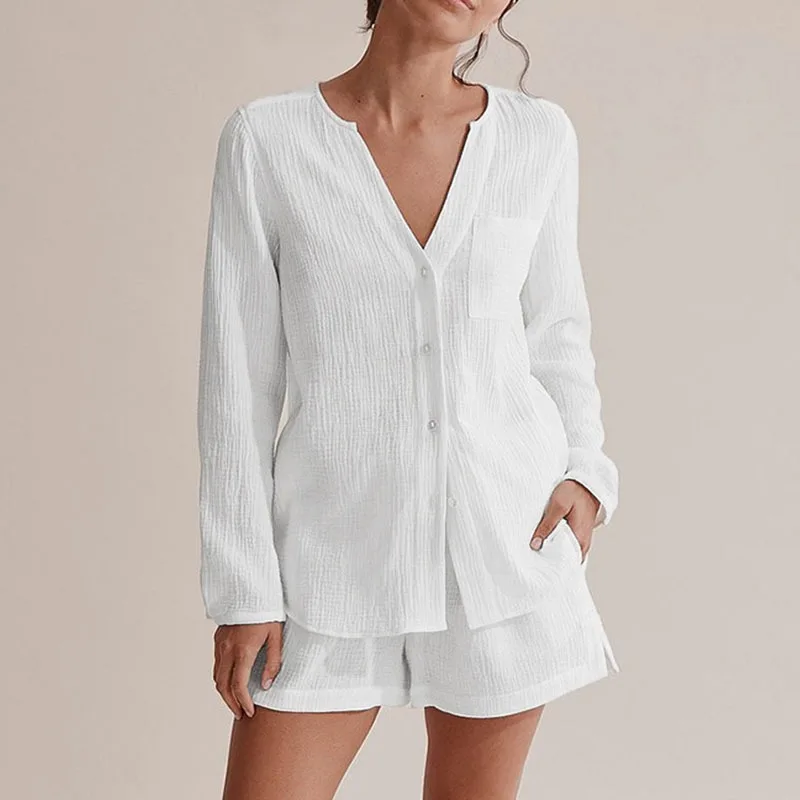 Women Cotton Gauze Pajama Sets Spring Summer Long Sleeve Button Tops+Shorts Female Solid Color Sleepwear Casual Home Clothes
Women Cotton Gauze Pajama Sets Spring Summer Long Sleeve Button Tops+Shorts Female Solid Color Sleepwear Casual Home Clothes