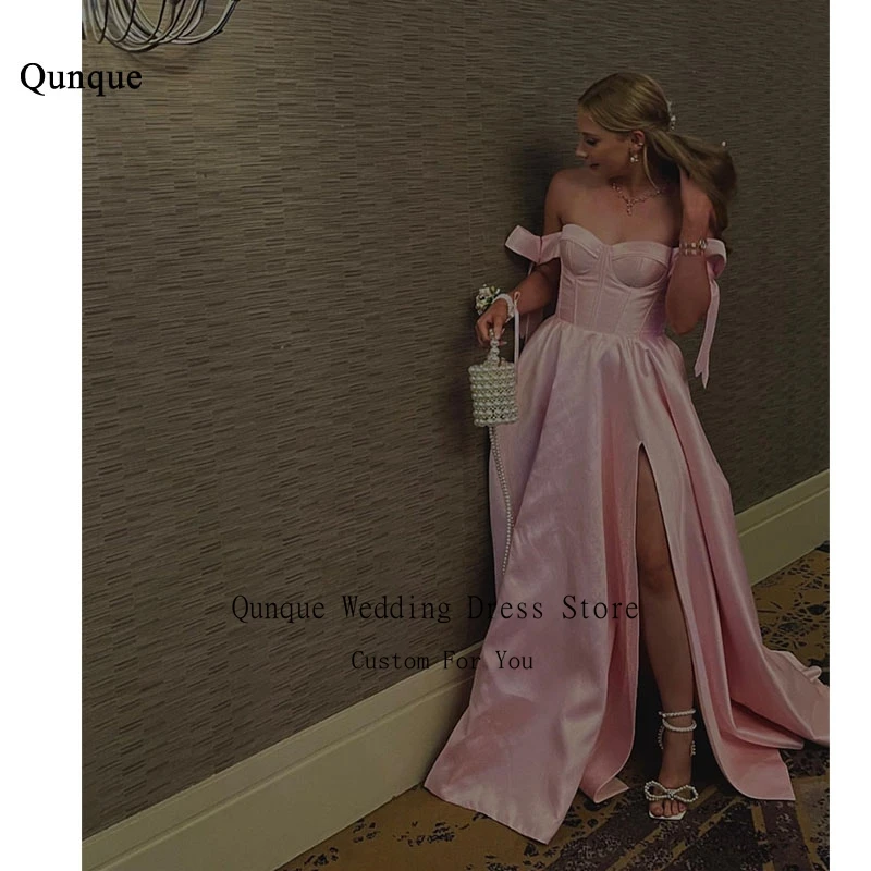 Qunque Elegant Pink Satin Evening Dresses Off Shoulder Short Sleeves Vestidos De Fiesta With Bows Slit Formal Dress Customized
Qunque Elegant Pink Satin Evening Dresses Off Shoulder Short Sleeves Vestidos De Fiesta With Bows Slit Formal Dress Customized