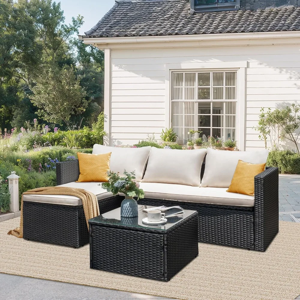 3 Piece Patio Furniture Set Outdoor Sectional Patio Sofa, All-Weather Wicker Rattan Outdoor Furniture Set with Glass Table
3 Piece Patio Furniture Set Outdoor Sectional Patio Sofa, All-Weather Wicker Rattan Outdoor Furniture Set with Glass Table