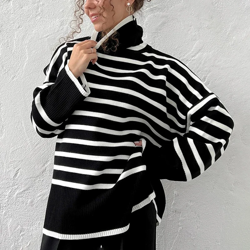 Ticketsx High Neck Long Sleeve Knitted Striped Pullovers Women Contrast Patchwork Sweater Fashion Casual Loose Sweater Lady
Ticketsx High Neck Long Sleeve Knitted Striped Pullovers Women Contrast Patchwork Sweater Fashion Casual Loose Sweater Lady