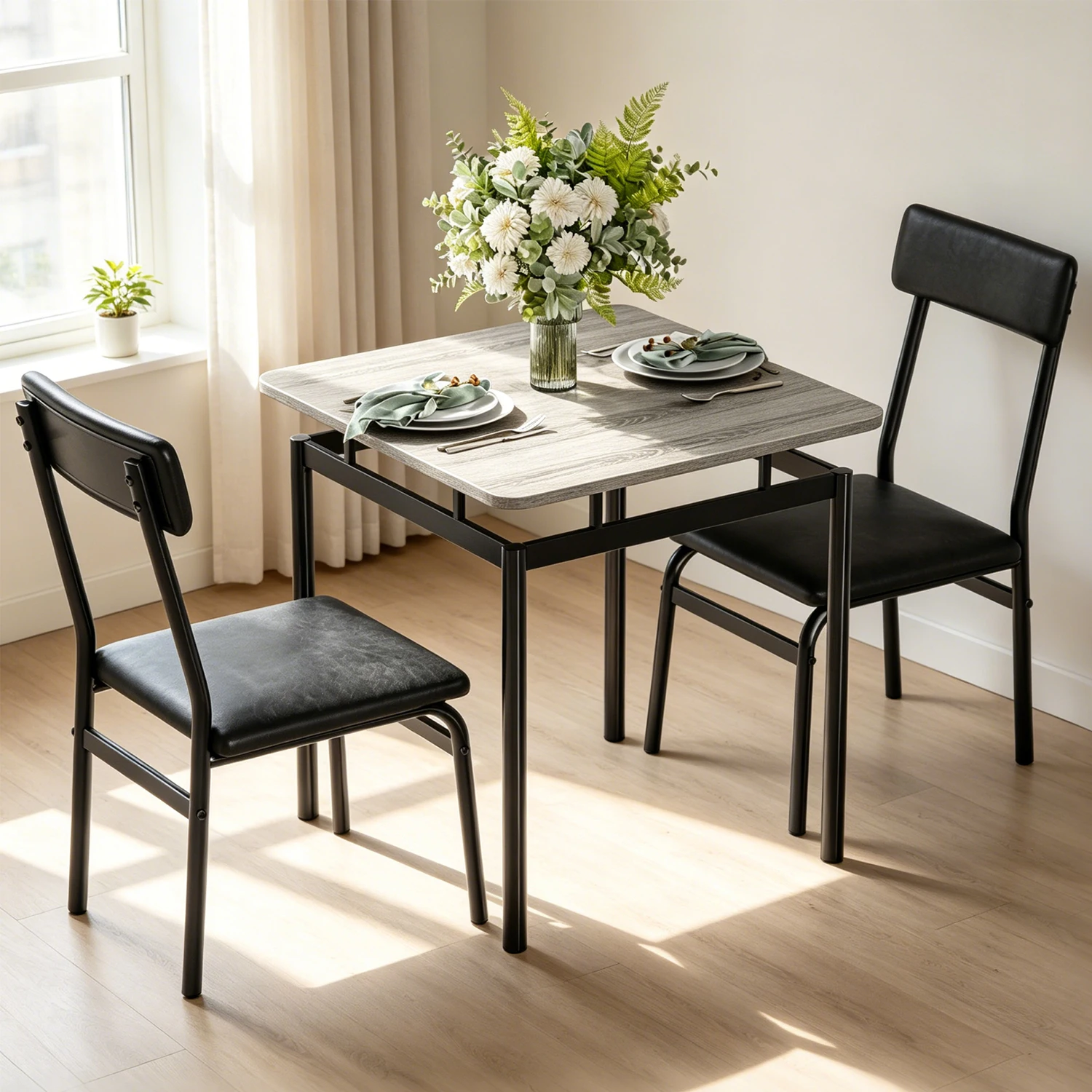 3 Piece Dining Table Set For 2, Small Space Kitchen Table Set With 2 PU Upholstered Benches, Industrial Dinette For Apartment
3 Piece Dining Table Set For 2, Small Space Kitchen Table Set With 2 PU Upholstered Benches, Industrial Dinette For Apartment