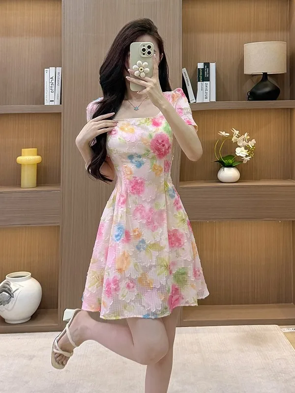 Sweet Floral Print A-Line Dress Summer Slim Fit Bubble Sleeve Square Collar Women's Korean Style Commute Short Sleeve Dress
Sweet Floral Print A-Line Dress Summer Slim Fit Bubble Sleeve Square Collar Women's Korean Style Commute Short Sleeve Dress