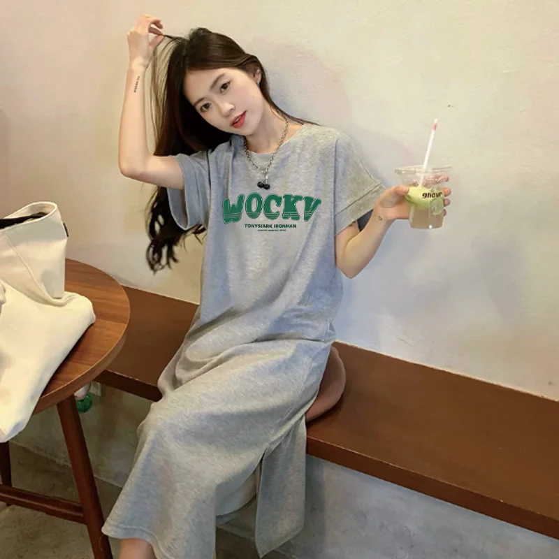 Casual WOCKV Letter Print Long Tee Dress Women Oversized Soft Cotton Short Sleeve Loose Maxi Dress for Daily Outfit
Casual WOCKV Letter Print Long Tee Dress Women Oversized Soft Cotton Short Sleeve Loose Maxi Dress for Daily Outfit