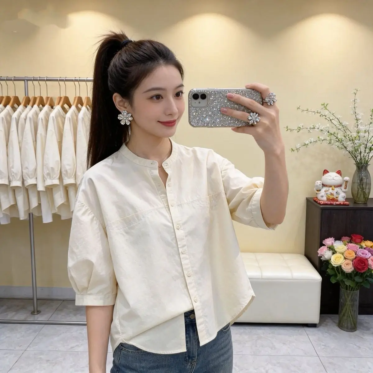 Casual Cotton Blend Short Sleeve Shirt Loose Fit Slimming Color Five-Quarter Sleeve Neck Women's Summer Fashion
Casual Cotton Blend Short Sleeve Shirt Loose Fit Slimming Color Five-Quarter Sleeve Neck Women's Summer Fashion