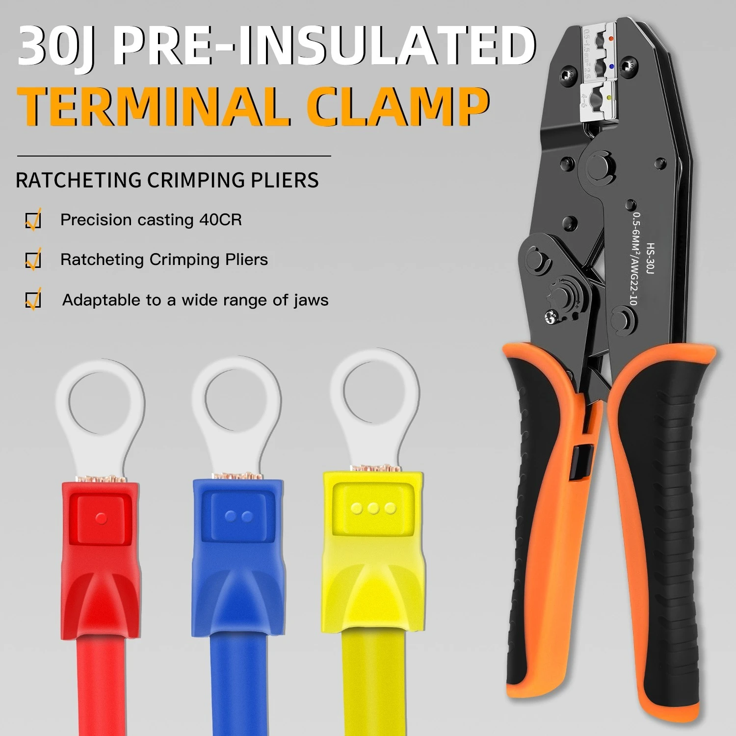 HS-30J Обжимные клещи с храповым механизмом Инструмент для обжима разъемов с храповым механизмом для предварительно изолированных клемм холодного прессования 0,5-6 мм2 (22-10 AWG)
HS-30J Обжимные клещи с храповым механизмом Инструмент для обжима разъемов с храповым механизмом для предварительно изолированных клемм холодного прессования 0,5-6 мм2 (22-10 AWG)