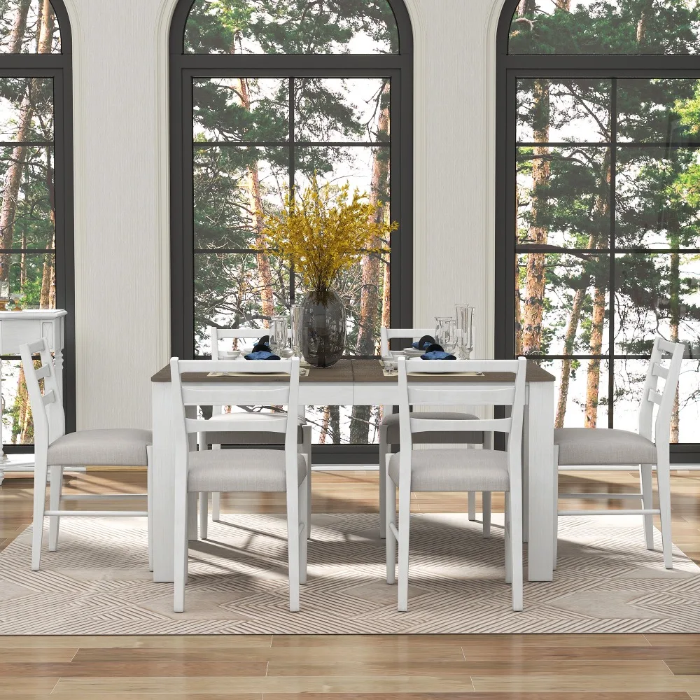 7-Piece, Extendable Table with 12" Leaf and 2 Drawers, 6 Dining Chairs with Soft Cushion (Brown + White), Dining Room Sets
7-Piece, Extendable Table with 12" Leaf and 2 Drawers, 6 Dining Chairs with Soft Cushion (Brown + White), Dining Room Sets