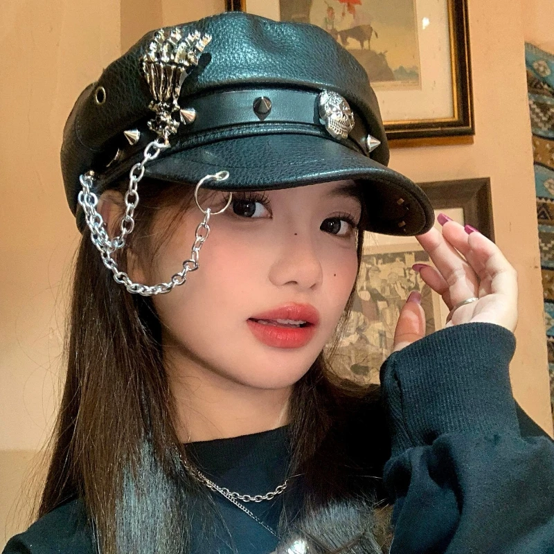 Dark Punk Style Rivet Leather Black Berets Hat Women Rivets Skull Chain PU Leather Berets Spring Autumn Street Trend Women Hats
Dark Punk Style Rivet Leather Black Berets Hat Women Rivets Skull Chain PU Leather Berets Spring Autumn Street Trend Women Hats
