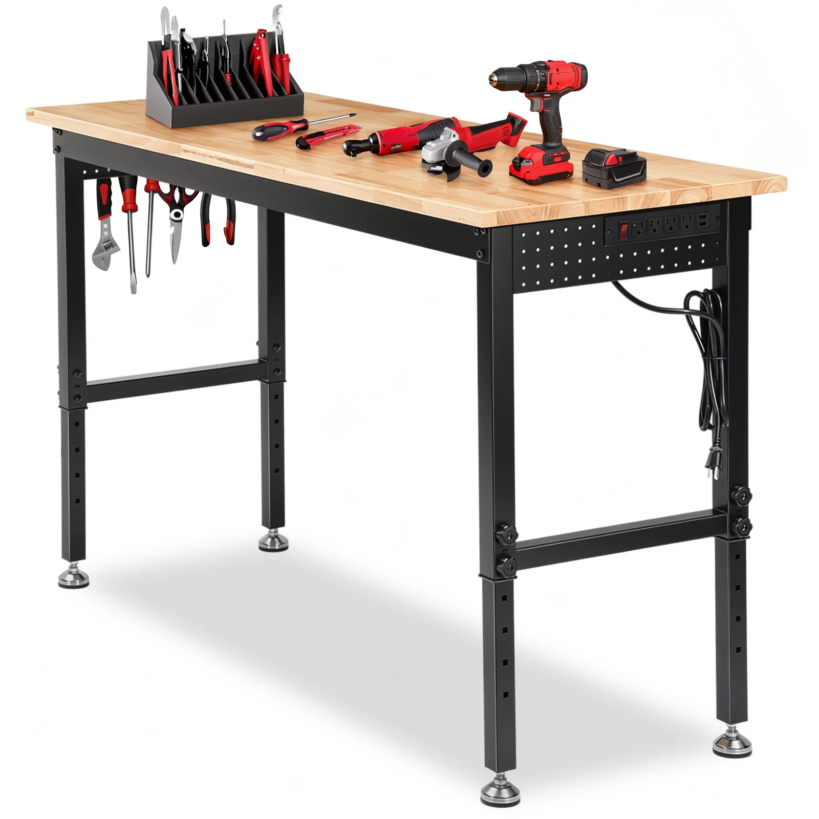 60 Inch Adjustable Workbench Heavy Duty Station 2000 lb Load Capacity Rubber Wood Top Metal Frame With Power Outlets
60 Inch Adjustable Workbench Heavy Duty Station 2000 lb Load Capacity Rubber Wood Top Metal Frame With Power Outlets