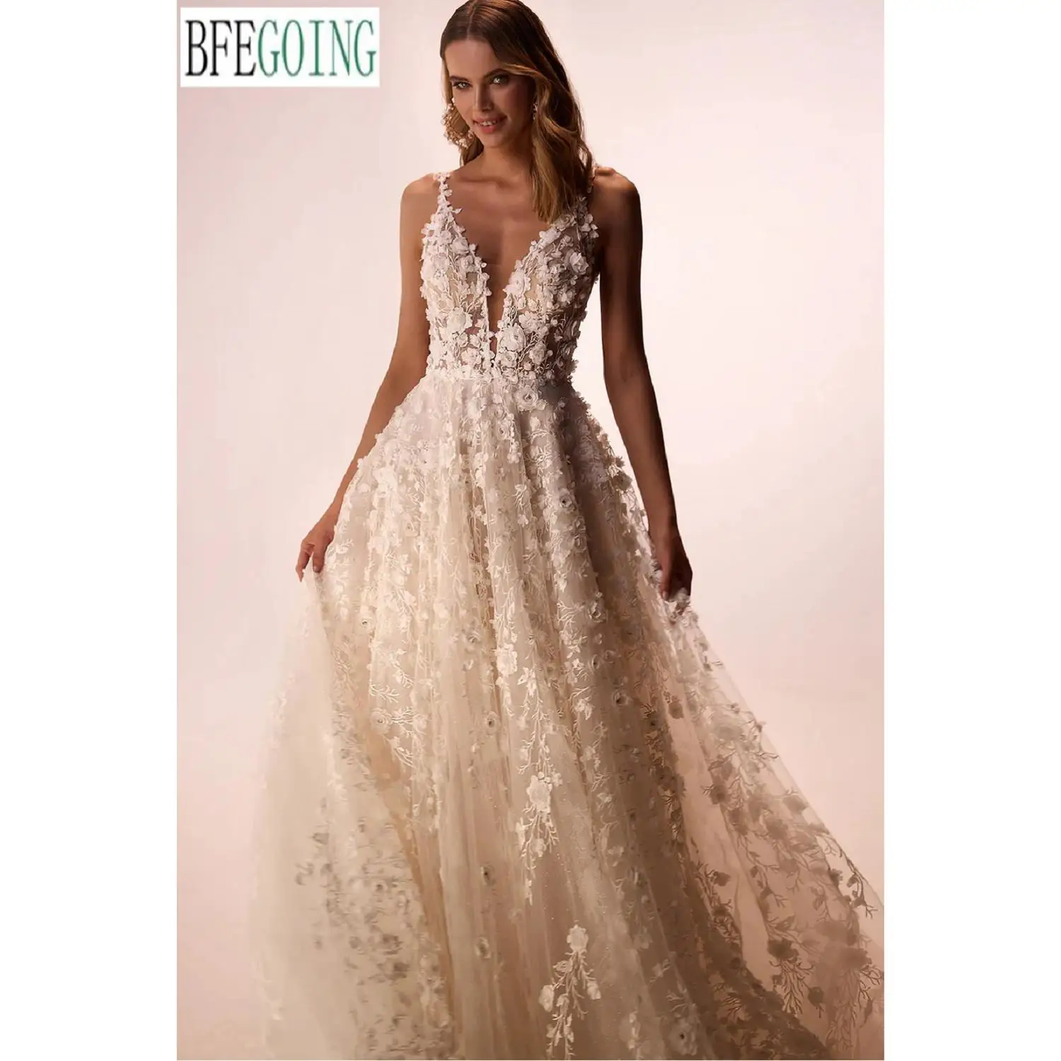 Lace A-Line Wedding Dresses Chapel Train Customized V-Neck Floor-Length Sleeveless Straps Bridal Gowns
Lace A-Line Wedding Dresses Chapel Train Customized V-Neck Floor-Length Sleeveless Straps Bridal Gowns