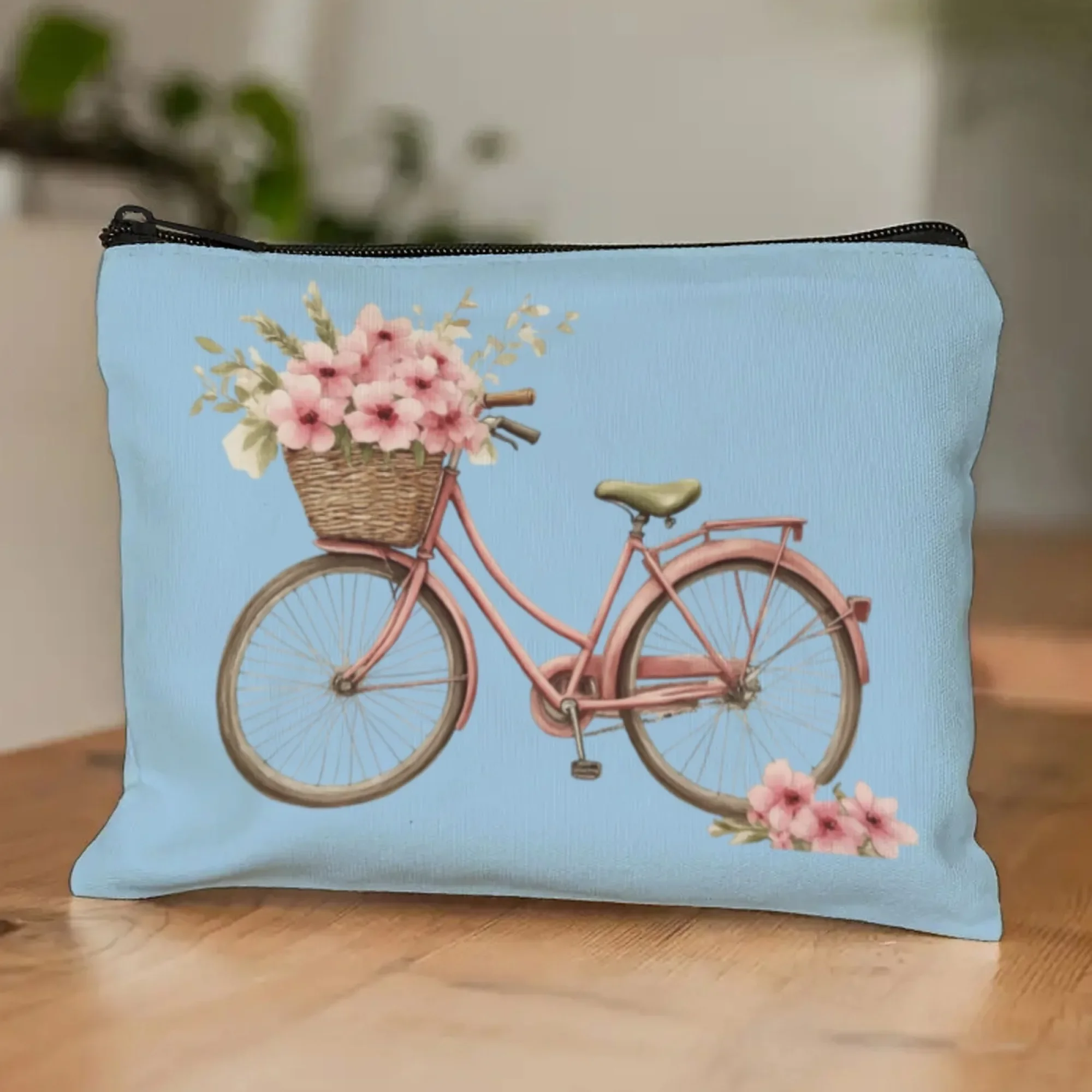 Canvas Makeup Bag with Pink Bicycle & Floral Design, Zipper Closure, Romantic Light Blue Cosmetic Pouch for Women Travel & Home
Canvas Makeup Bag with Pink Bicycle & Floral Design, Zipper Closure, Romantic Light Blue Cosmetic Pouch for Women Travel & Home