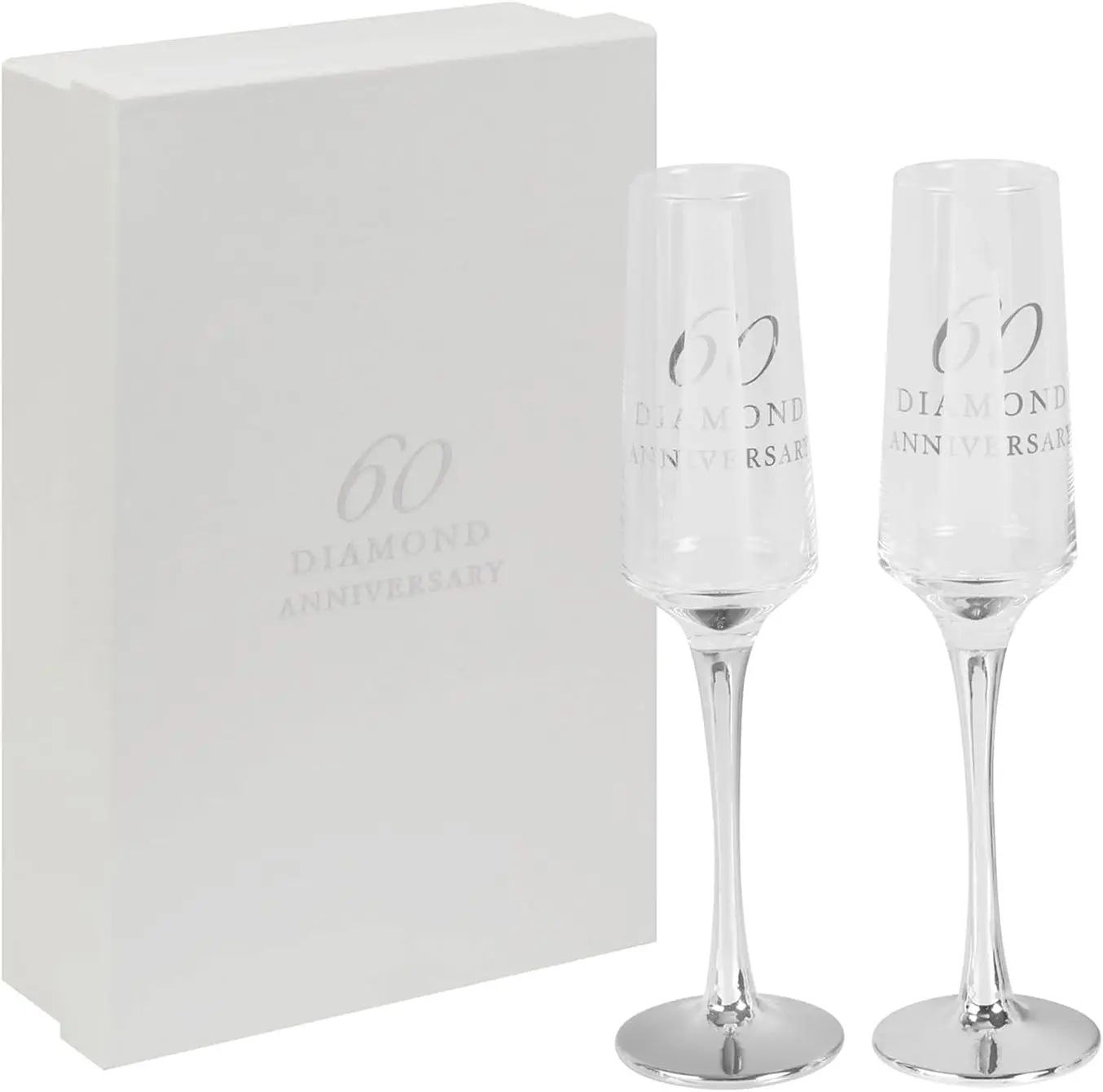 60th Anniversary Pair of Clear Glass Champagne Flutes with Silver Foil Text
60th Anniversary Pair of Clear Glass Champagne Flutes with Silver Foil Text
