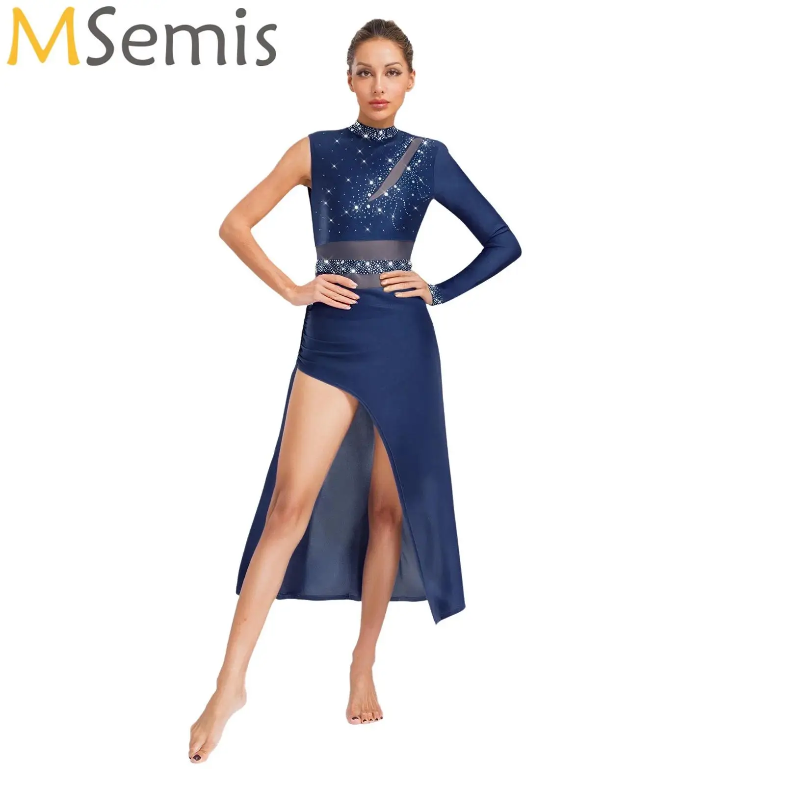Womens Shiny Rhinestone Lyrical Dance Dress Modern Ballet Dance Performance Costume Asymmetrical Sleeve Slit Hem Leotard Dress
Womens Shiny Rhinestone Lyrical Dance Dress Modern Ballet Dance Performance Costume Asymmetrical Sleeve Slit Hem Leotard Dress