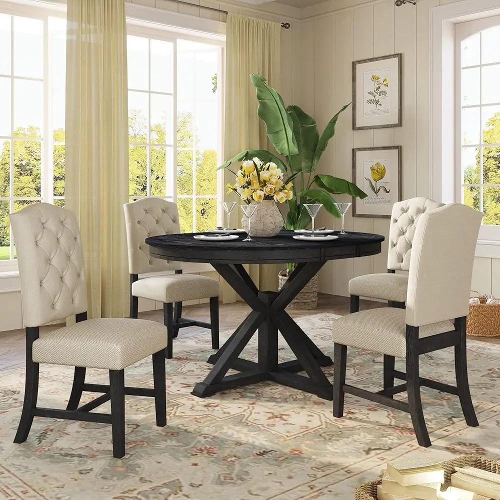 Extendable Dining Table Set For 4, Farmhouse Kitchen Table Set With 4 Upholstered Chairs, Solid Wood Table And Chairs Set Of 4
Extendable Dining Table Set For 4, Farmhouse Kitchen Table Set With 4 Upholstered Chairs, Solid Wood Table And Chairs Set Of 4