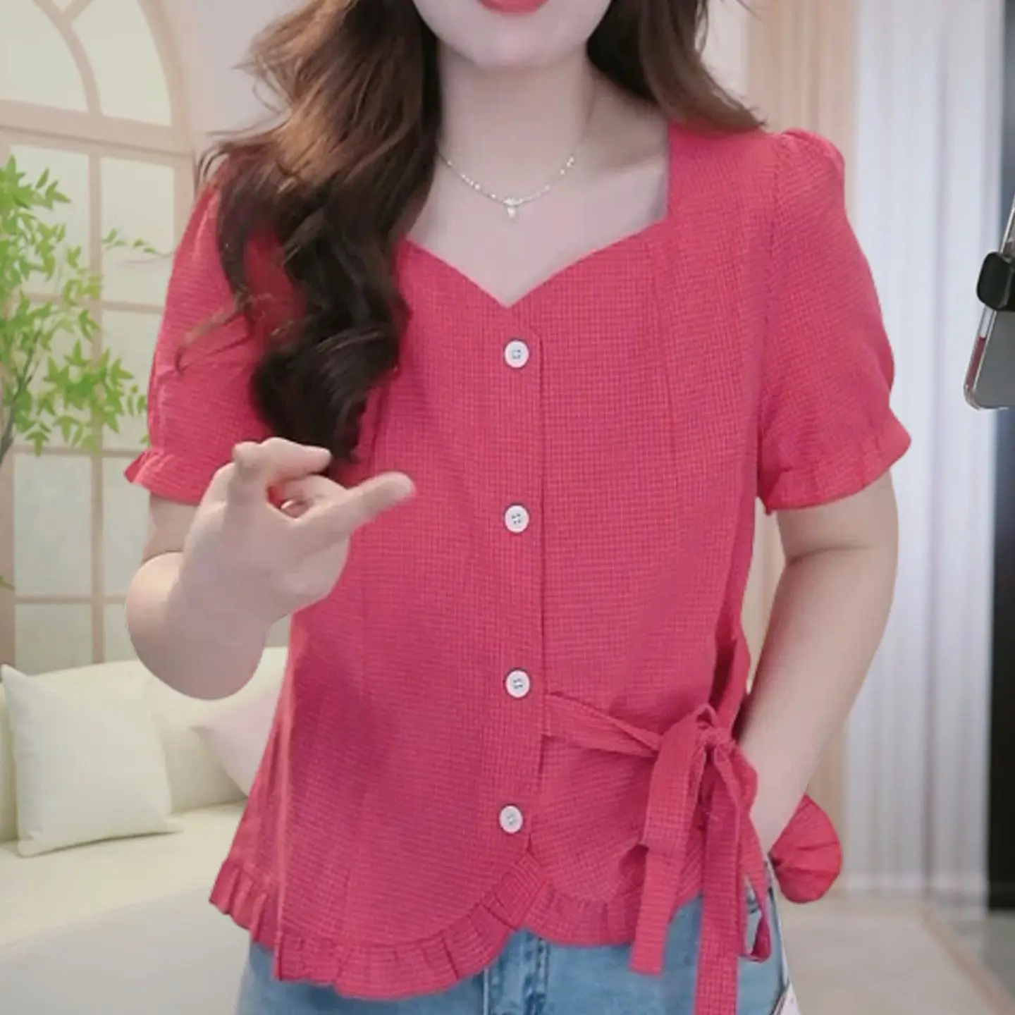 Pink Gingham V Neck Blouse with Puff Sleeve Ruffle Hem and Tie Waist Casual Women Summer Top
Pink Gingham V Neck Blouse with Puff Sleeve Ruffle Hem and Tie Waist Casual Women Summer Top