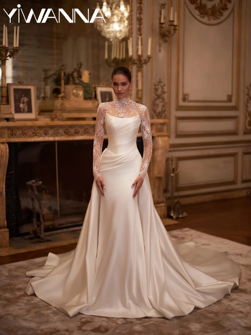 Dreamy Satin Detachable Train Wedding Dress Modest Lace High Collar Bridal Gown New Customized Ivory Mermaid Dresses For Bride
Dreamy Satin Detachable Train Wedding Dress Modest Lace High Collar Bridal Gown New Customized Ivory Mermaid Dresses For Bride