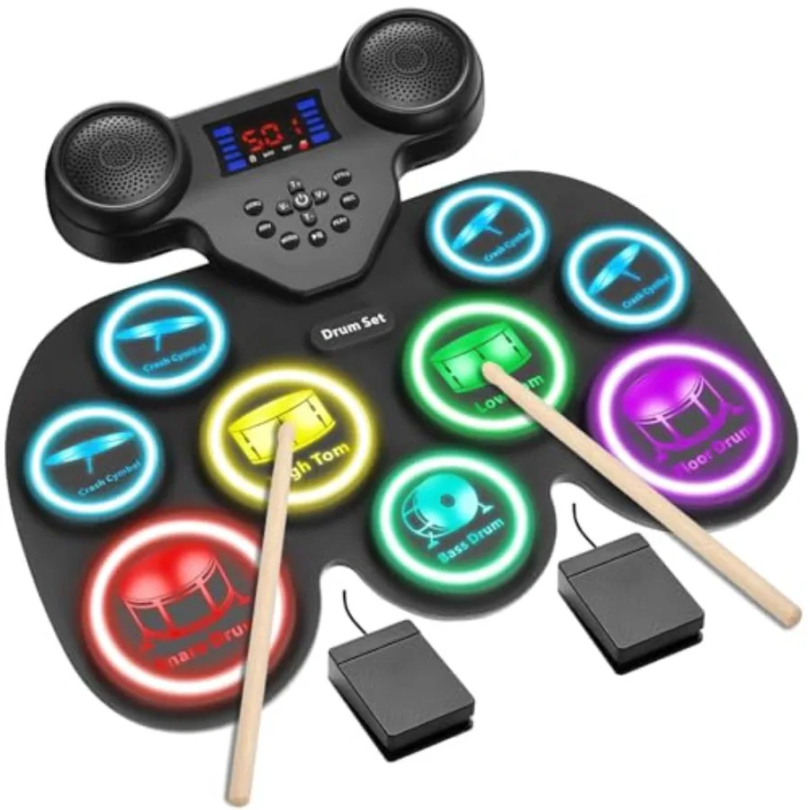 Electronic Drum Set with 7-Color LED Light Show on Strike, 9-Pad Electric Drums Set Bluetooth MIDI Support, Extra-thick Electri
Electronic Drum Set with 7-Color LED Light Show on Strike, 9-Pad Electric Drums Set Bluetooth MIDI Support, Extra-thick Electri