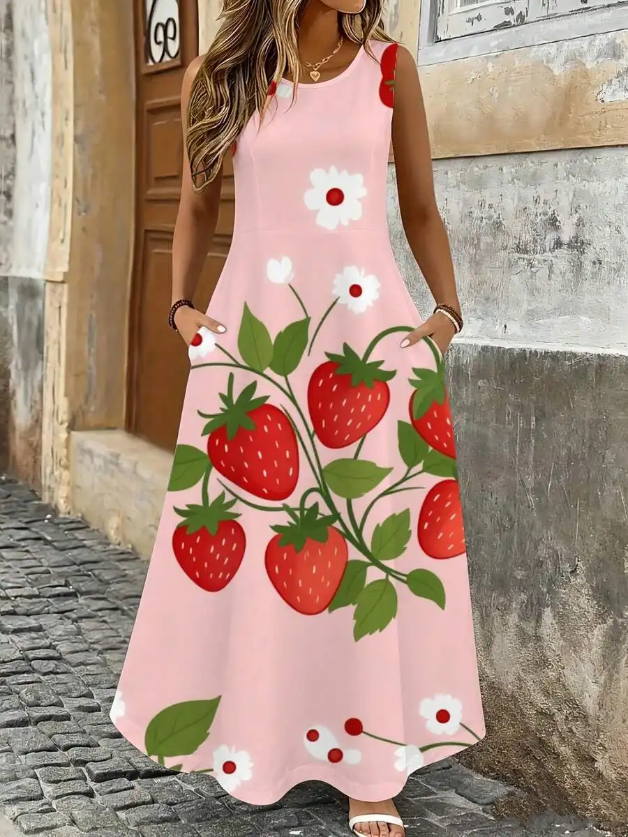 Strawberry Print Sleeveless Maxi Dress Pink Floral Fruit Pattern Summer Beach Vacation Outfit
Strawberry Print Sleeveless Maxi Dress Pink Floral Fruit Pattern Summer Beach Vacation Outfit