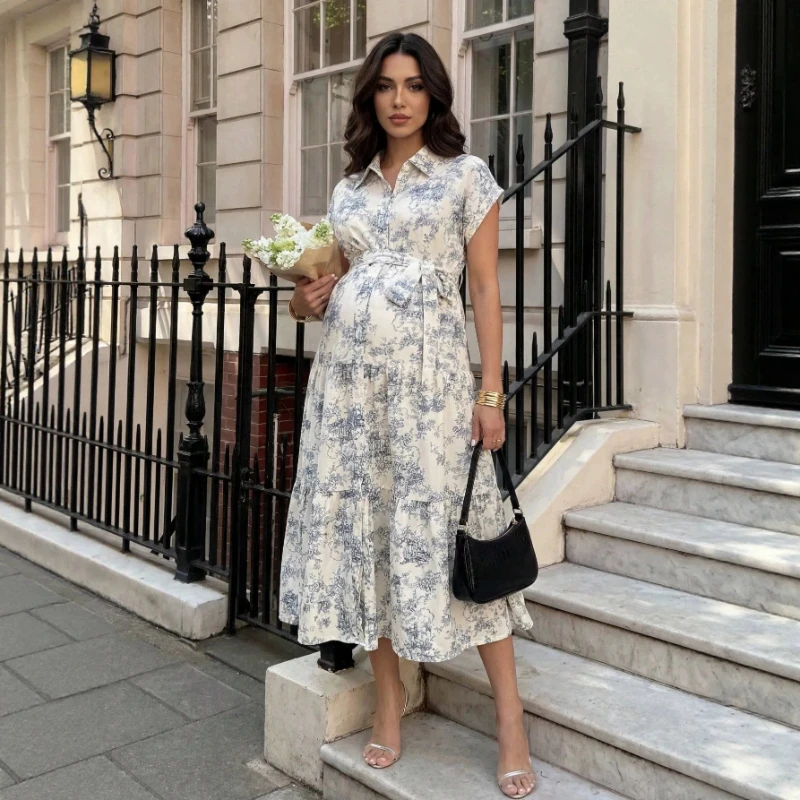 European and American Maternity Clothing Elegant Printed Skirt Long Skirt with Waistband Short Sleeves Big Swing Dress
European and American Maternity Clothing Elegant Printed Skirt Long Skirt with Waistband Short Sleeves Big Swing Dress