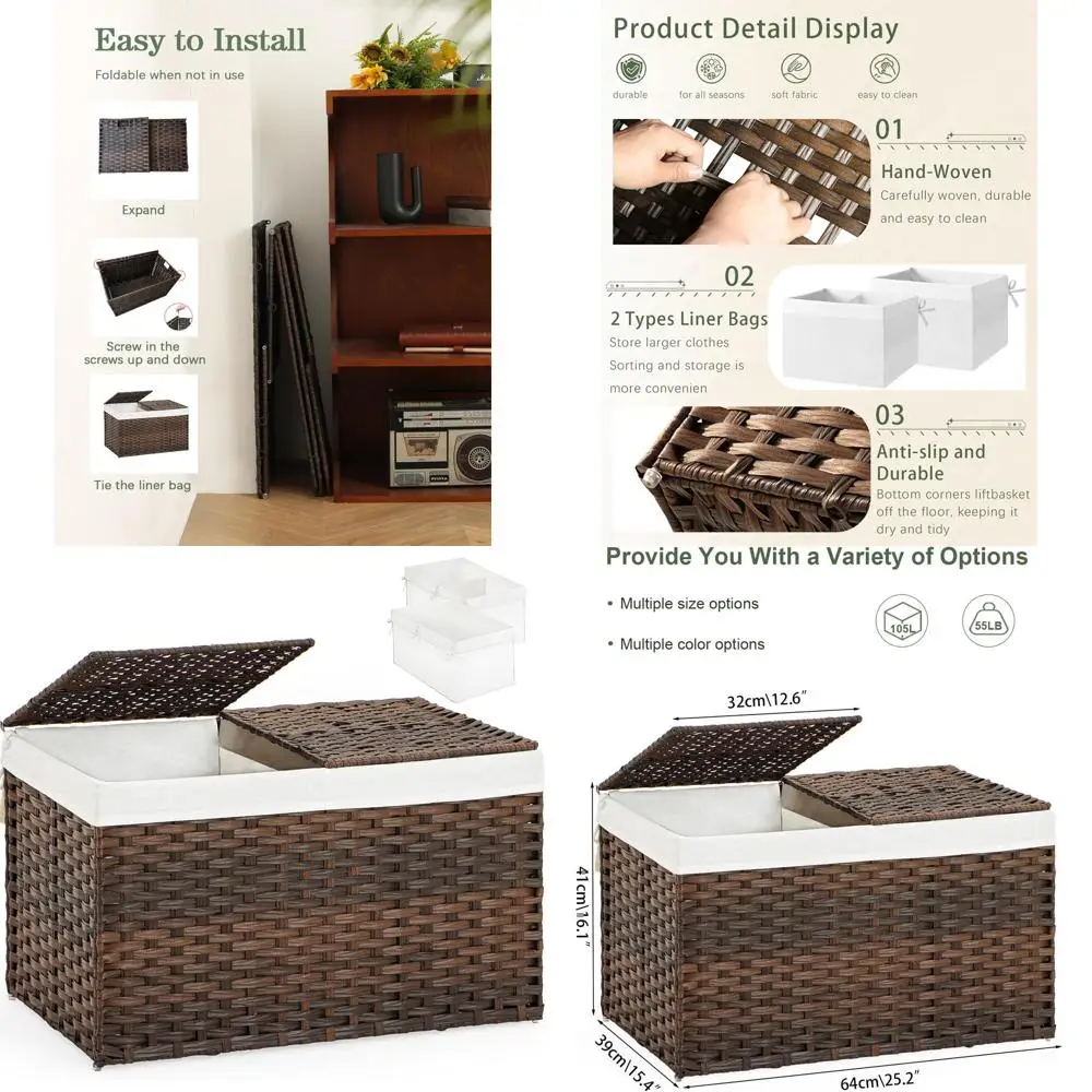 Rattan Storage Basket with 2-Piece Lid, 105L Capacity, 27.8x15.4x16.1 Inches, Woven Wicker with Liners and Handles for Bedroom o
Rattan Storage Basket with 2-Piece Lid, 105L Capacity, 27.8x15.4x16.1 Inches, Woven Wicker with Liners and Handles for Bedroom o
