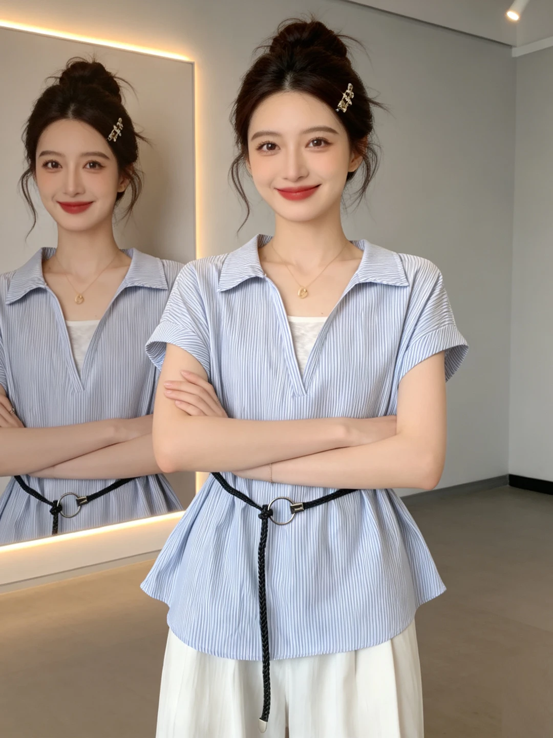 Advanced Stripe V-neck Fake Two-Piece Shirt Women Summer 2026 New Design Sense Waist Belt Short Sleeve Unique Attractive Top
Advanced Stripe V-neck Fake Two-Piece Shirt Women Summer 2026 New Design Sense Waist Belt Short Sleeve Unique Attractive Top