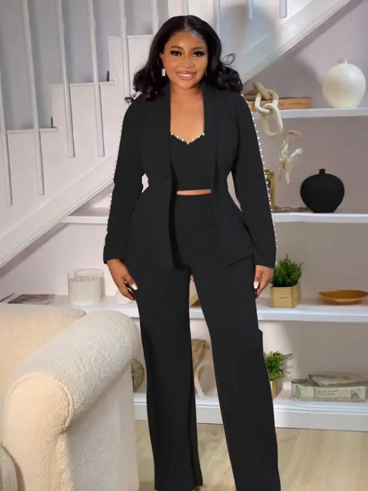 Осенний комплект одежды, женский комплект из трех предметов, топ с тонкими бретелями, женские брюки и блейзер, элегантные комплекты с длинными рукавами, оптовая продажа, дропшиппинг 
Осенний комплект одежды, женский комплект из трех предметов, топ с тонкими бретелями, женские брюки и блейзер, элегантные комплекты с длинными рукавами, оптовая продажа, дропшиппинг