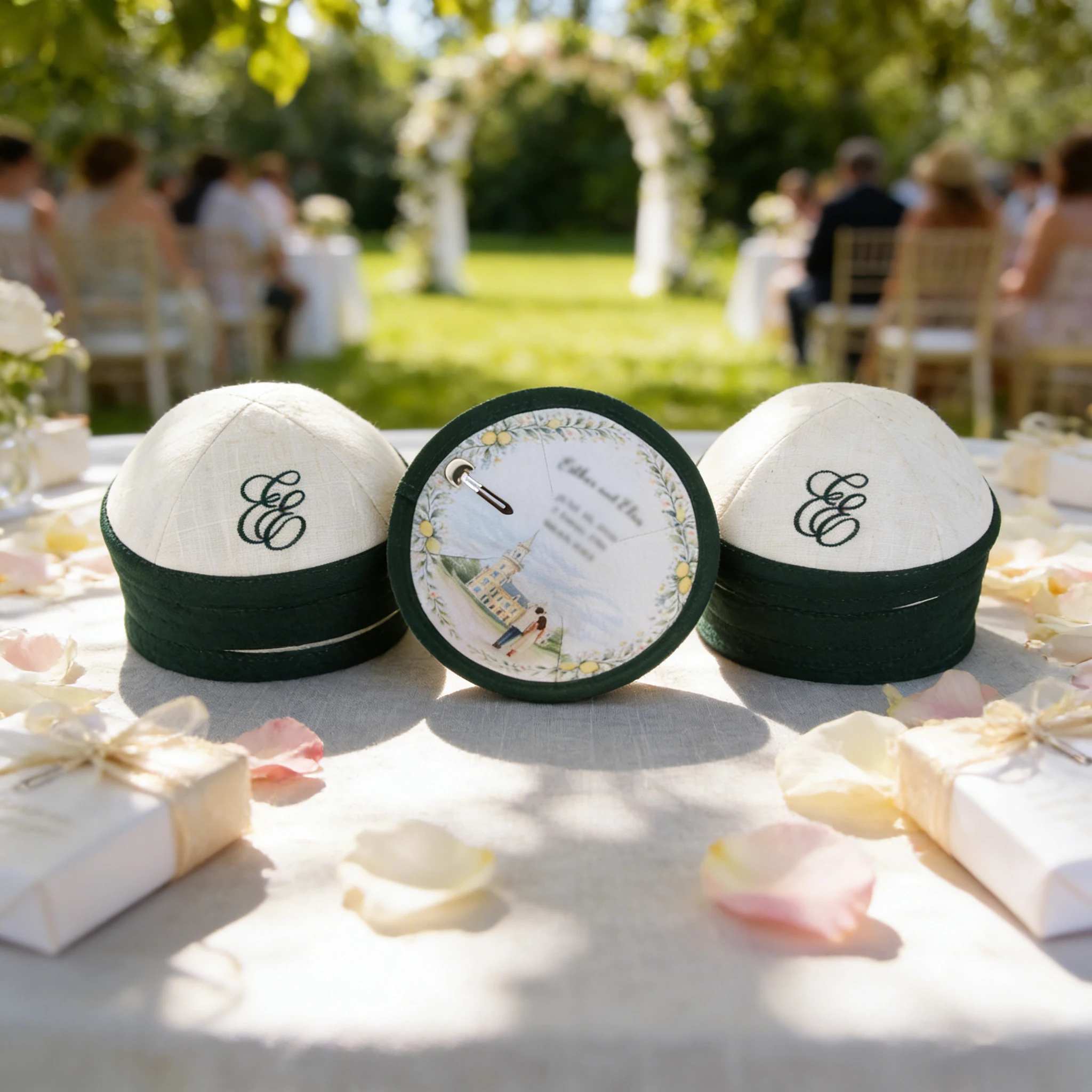 Custom embroidered linen kippah with contrast color binding edge. Perfect for weddings and bar/bat mitzvahs, also known as Kipa
Custom embroidered linen kippah with contrast color binding edge. Perfect for weddings and bar/bat mitzvahs, also known as Kipa