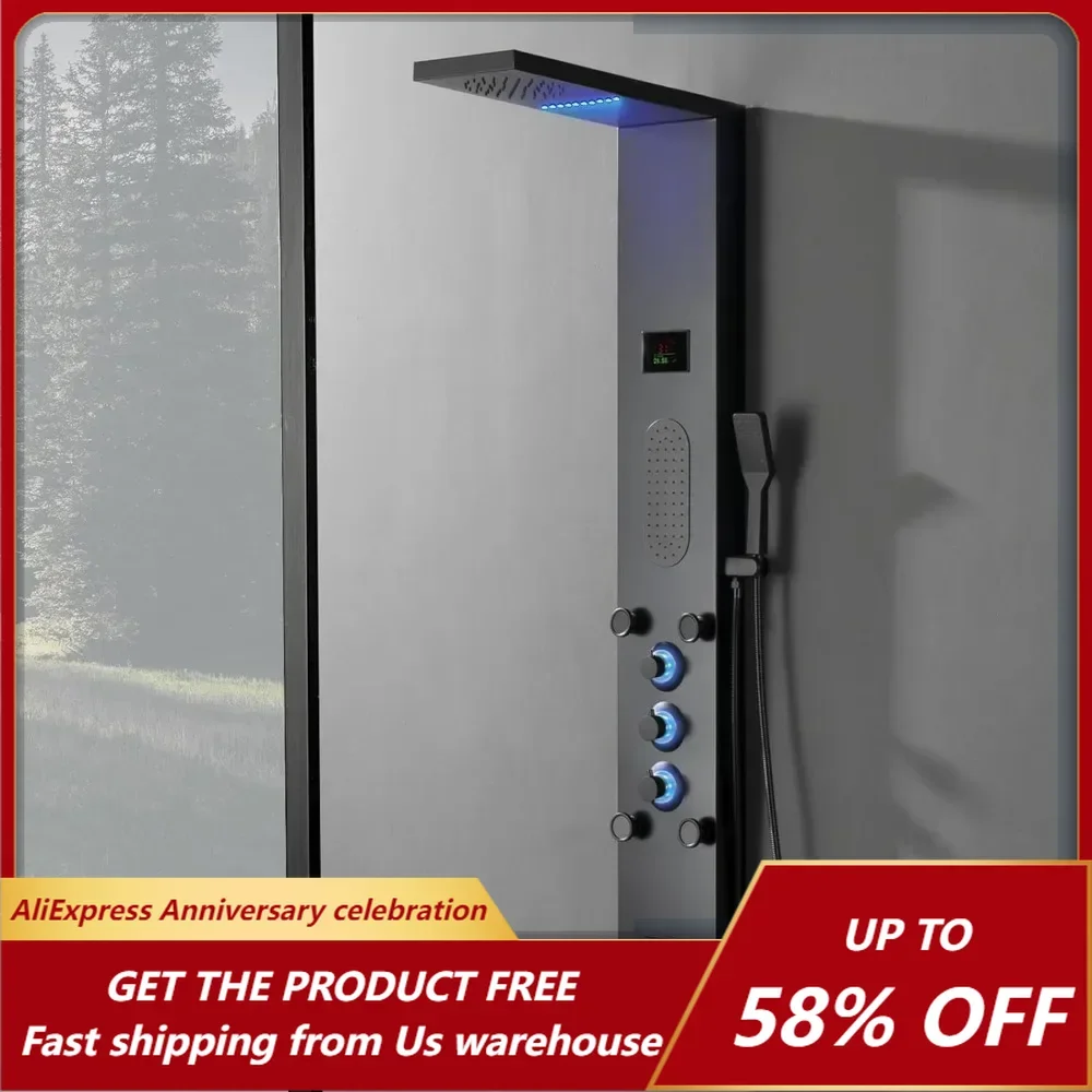 Shower Panel, Stainless Steel Shower Tower with Black Massage Body Jet Nozzle, Wall Mounted Shower Head with Temperature Display
Shower Panel, Stainless Steel Shower Tower with Black Massage Body Jet Nozzle, Wall Mounted Shower Head with Temperature Display