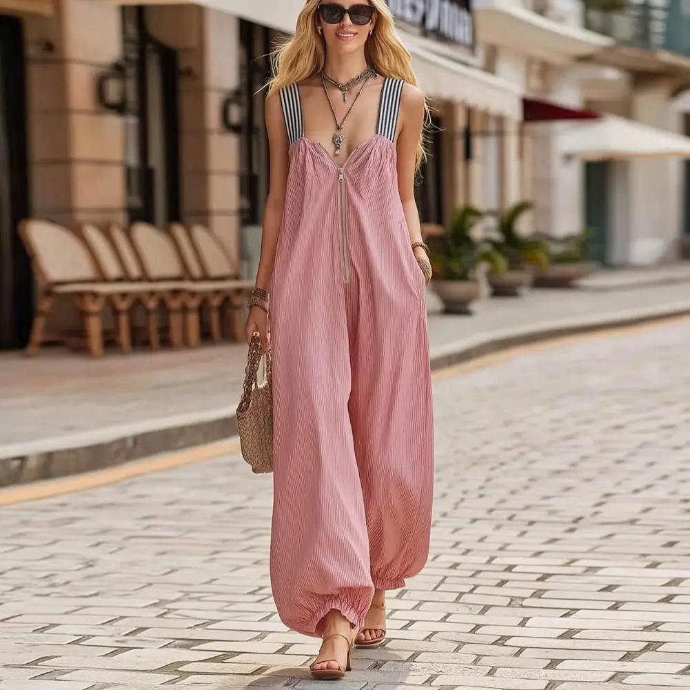 Women Striped Jumpsuit Sleeveless Wide Leg Romper Summer Zipper Jumpsuits Casual Beach Vacation Party Daily Outfit Wear
Women Striped Jumpsuit Sleeveless Wide Leg Romper Summer Zipper Jumpsuits Casual Beach Vacation Party Daily Outfit Wear