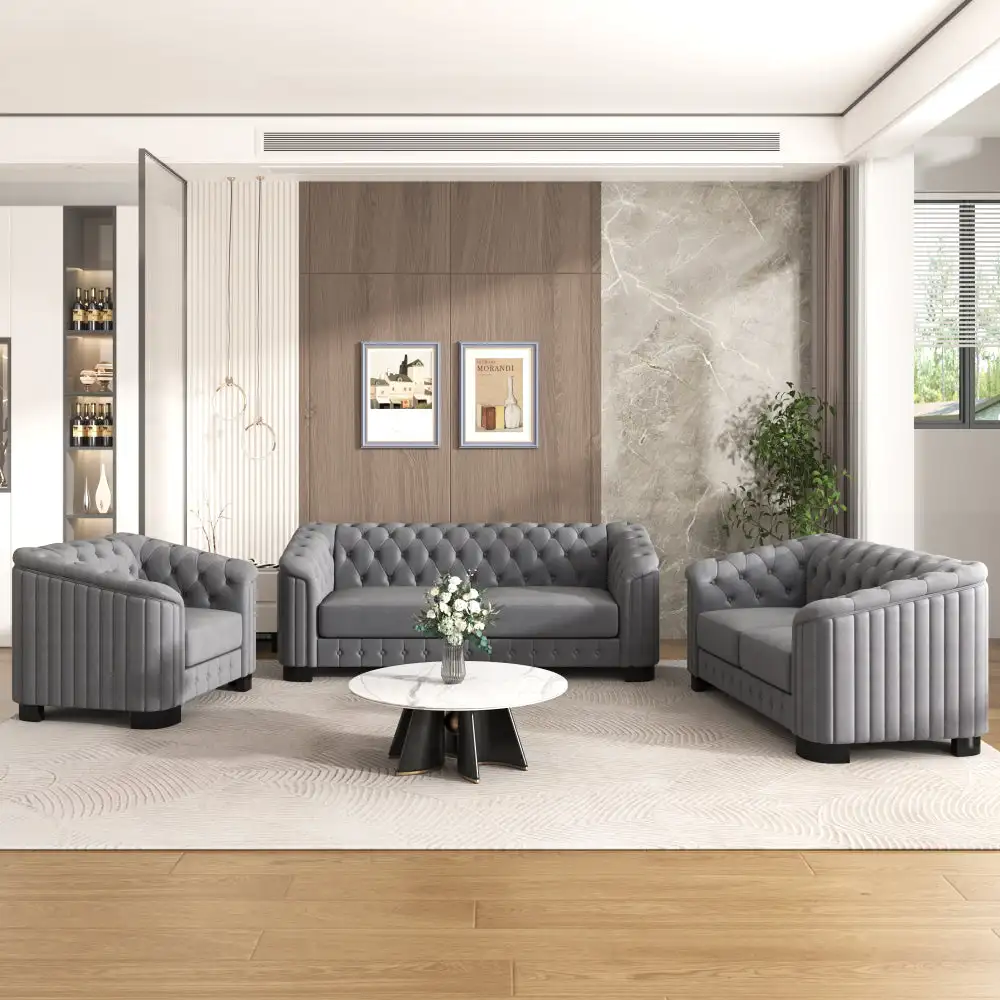 Modern 3-Piece Sofa Sets with Rubber Wood Legs,Velvet Upholstered Couches Sets Including Three Seat Sofa, Loveseat and Single Ch
Modern 3-Piece Sofa Sets with Rubber Wood Legs,Velvet Upholstered Couches Sets Including Three Seat Sofa, Loveseat and Single Ch