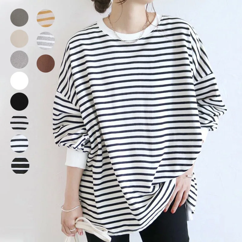 Spring and summer new striped sweater women's loose cotton large version bottom top women
Spring and summer new striped sweater women's loose cotton large version bottom top women