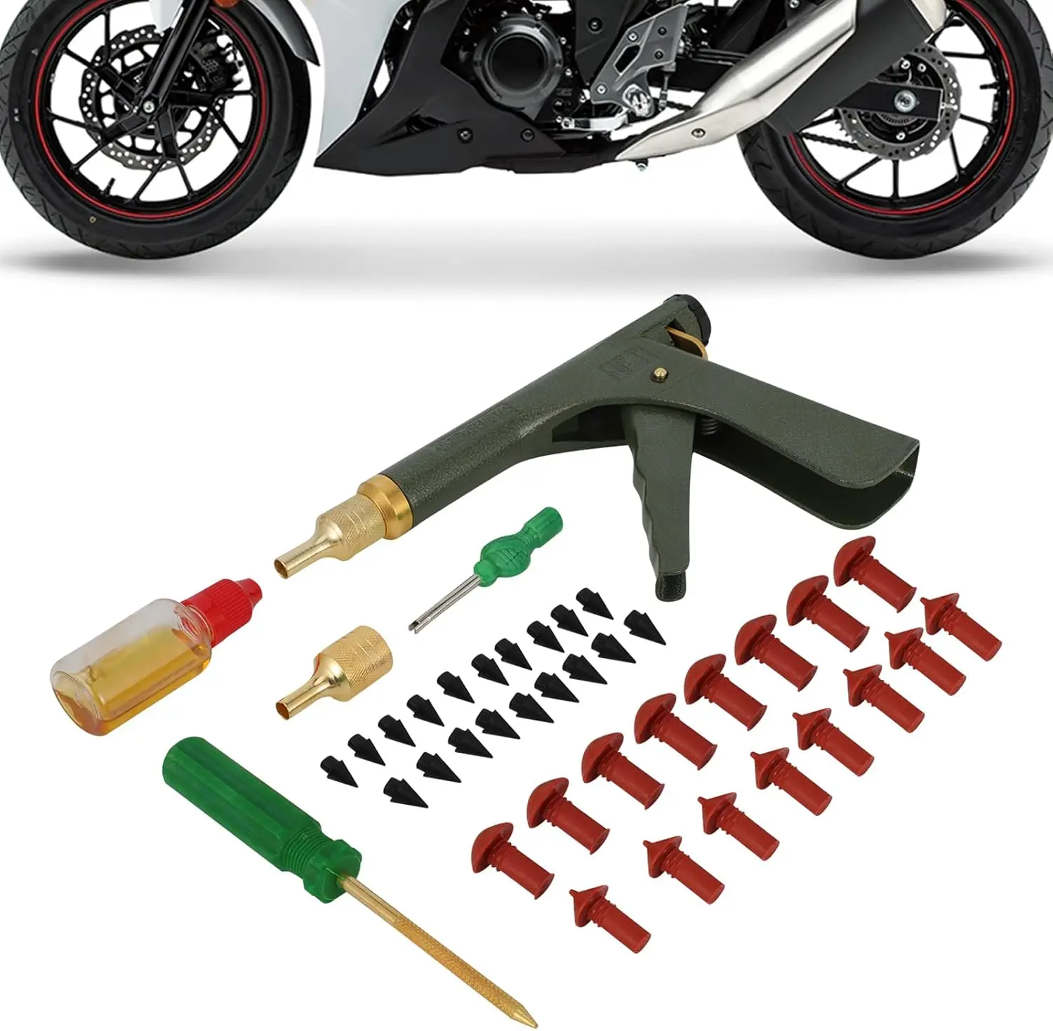 Комплект для ремонта бескамерных шин с грибовидным пистолетом - сверхмощный комплект патчей для мотоциклов, квадроциклов, автомобилей, грузовиков, тракторов, внедорожников, трейлов
Комплект для ремонта бескамерных шин с грибовидным пистолетом - сверхмощный комплект патчей для мотоциклов, квадроциклов, автомобилей, грузовиков, тракторов, внедорожников, трейлов