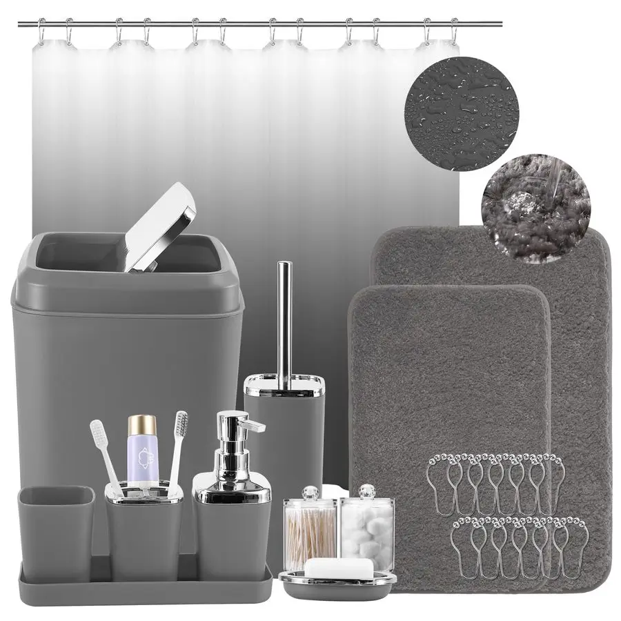 Набор аксессуаров для ванной комнаты, наборы для ванной комнаты с занавеской для душа и ковриками, мусорный бак, поднос, дозатор мыла, мыльница, держатель для зубной щетки
Набор аксессуаров для ванной комнаты, наборы для ванной комнаты с занавеской для душа и ковриками, мусорный бак, поднос, дозатор мыла, мыльница, держатель для зубной щетки