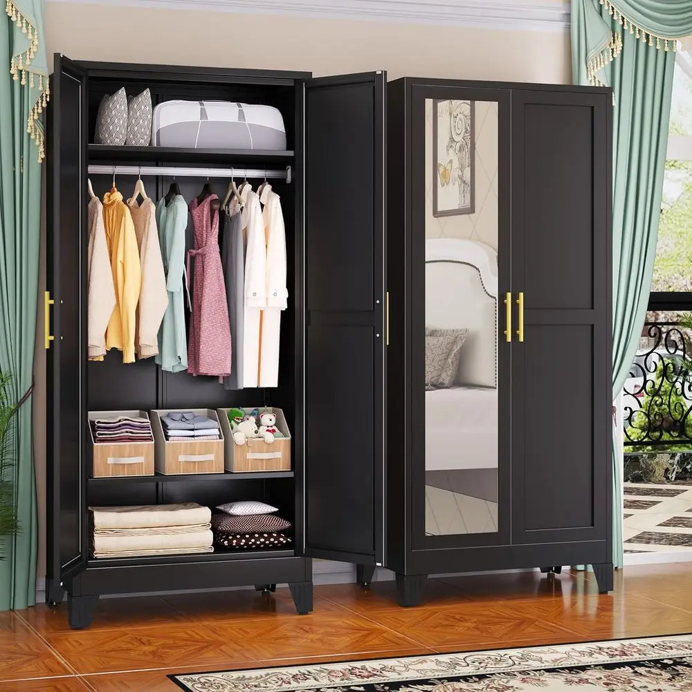 71 Black Metal Wardrobe Cabinet with Mirror, Hanging Rod, and Adjustable Shelves
71 Black Metal Wardrobe Cabinet with Mirror, Hanging Rod, and Adjustable Shelves